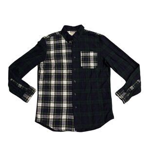 LL BEAN Flannel Shirt Mens Sz Medium Green Blue Scotch Plaid Patchwork Two Tone